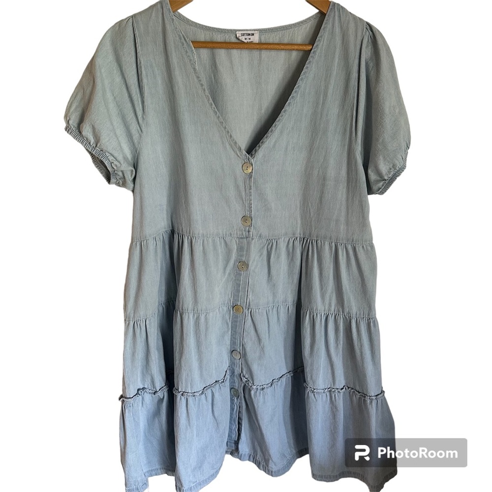 Cotton On Denim Mini Tiered Ruffle  V Neck  Dress Size Medium